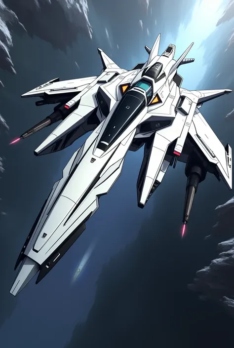 Futuristic white and black anime spacecraft with serrated turn propulsion system with several small lazer cannons 