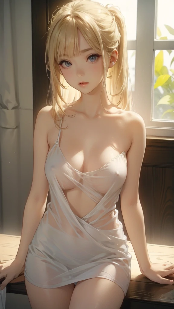 Naked and wearing only a white camisole、Camisole with shoulder straps、erect nipples、No underwear allowed、(())、I am only a translate agent、bare legs、seat, blond hair,