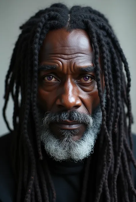  Black man with long dreadlocks and short white beard and eyes with normal pupils and lavender irises 
