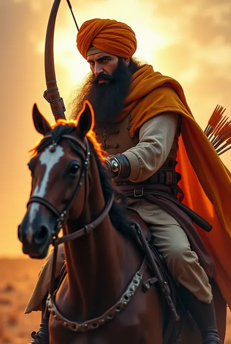 (photorealism:1.2), sikh warrior on horse with long beard around aggressive face radiant light beautiful light on figure in action holding bow and arrows in action  