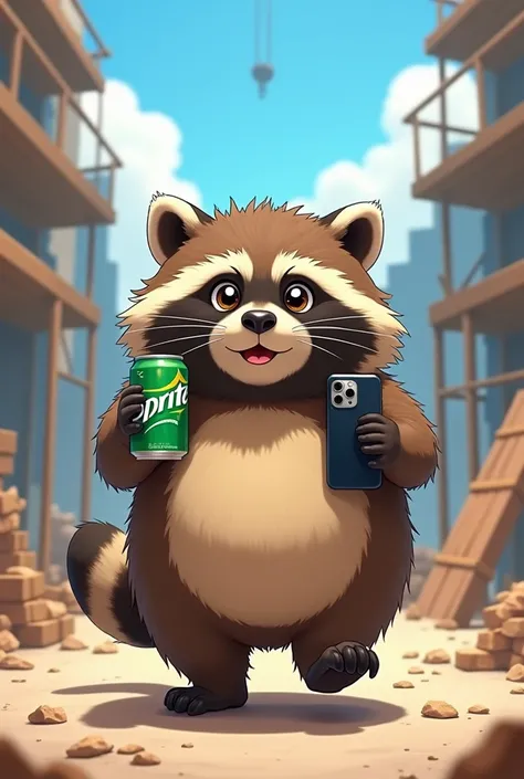 Raccoon、Bushy hair、fat、Holding a sprite and an iPhone 12、walk、Round eyes、アニメ、cute、male、high resolution、The background is a construction site