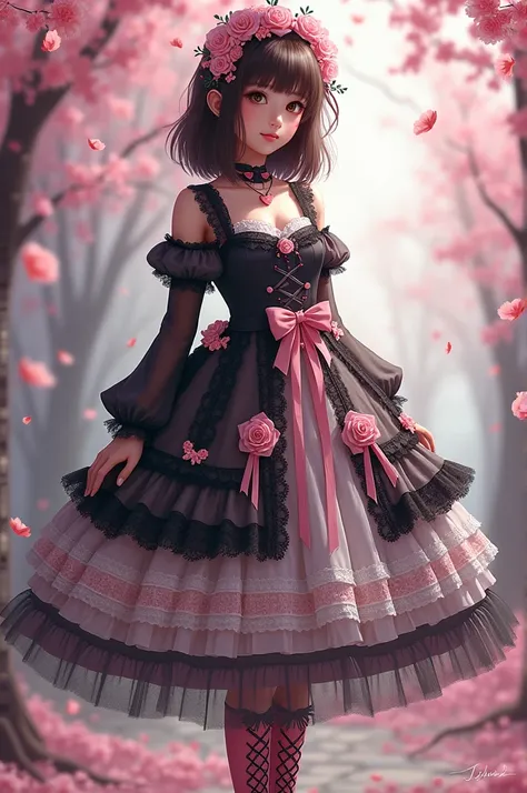 Gothic Lolita fashion with dark brown shoulder-length hair accented by pink floral headpieces, wearing a knee-length, multi-layered dress featuring black lace details, pink bows, and rose embellishments. The dress has a delicate white lace underskirt and i...