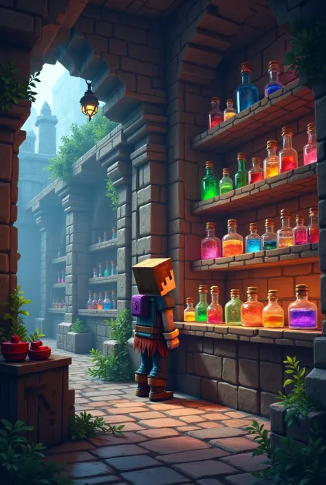 Medieval minecraft world with a player in a magic shop full of potions, beautiful ray tracing shaders, minecraft style, pixel art, block styled potions
