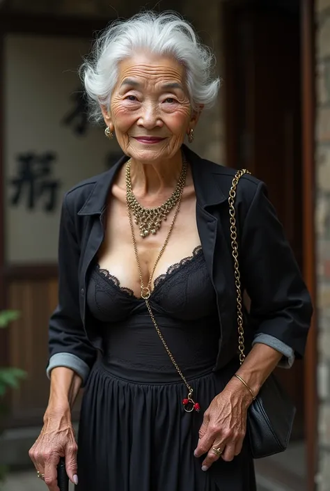 Japan 120 years old super old woman aging old woman elder old face hostess in sexy hostess dress with slit、Sexy underwear, grandma who stole high heels and wore them, grandma who had a breast transplant with firm big breasts from a hostess, cute earrings f...