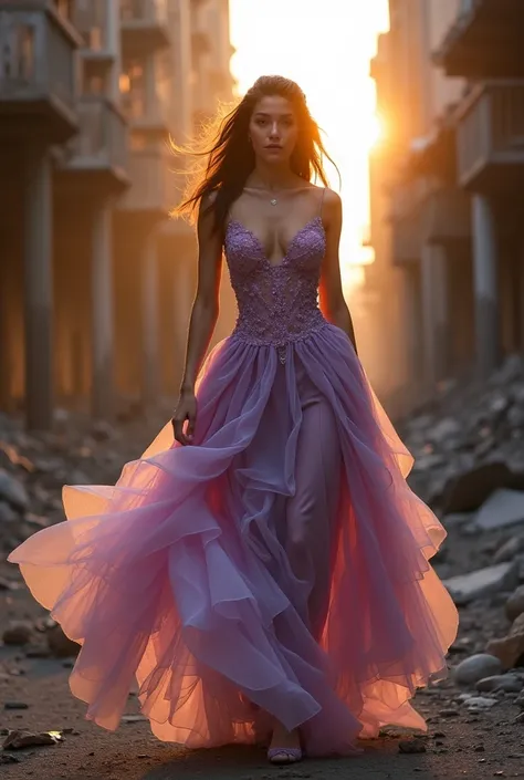 
A cinematic photo of a brunette fashion model wearing a magical lilal flower petal-made dress, as she strides confidently through a desolate, dark post-apocalyptic cityscape, capturing the stark juxtaposition of beauty and decay, with the models flawless ...