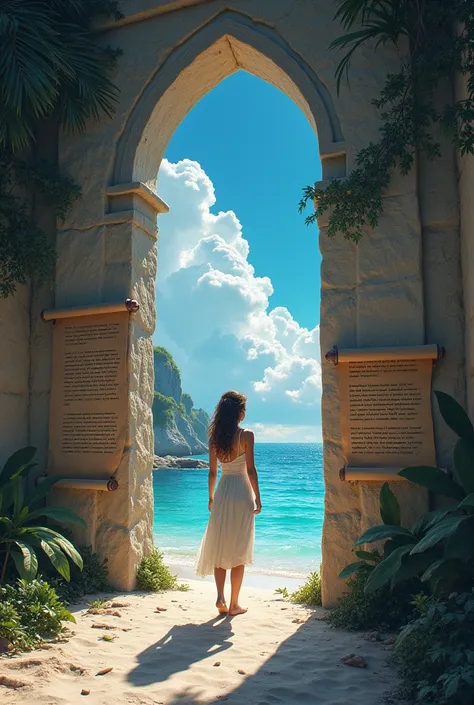 Create an image at the entrance of a paradise on the floor are the logos of Instagram and Facebook, On the wall of the door there is an image of a woman and in the background you can see 2 scrolls with letters