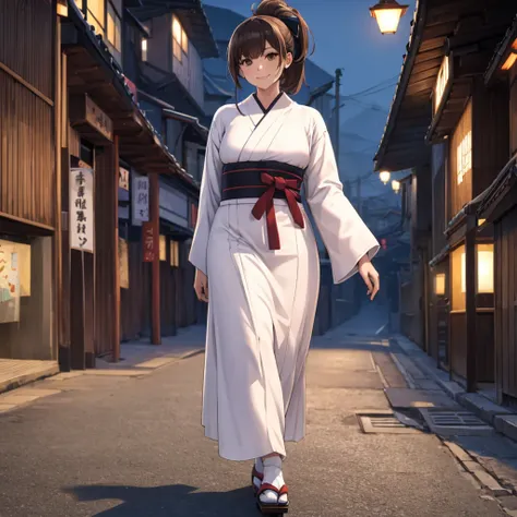 a woman wearing a long-sleeved yukata, long skirt, white yukata with black details, wearing traditional japanese shoes, long bro...