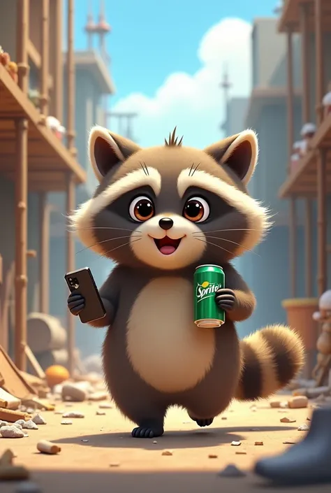 Raccoon、Bushy hair、fat、Holding a sprite and an iPhone 12、walk、Round eyes、アニメ、cute、male、high resolution、The background is a construction site、Good coat、