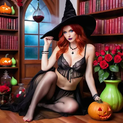 Angle from back of a beautiful swedish red head witch, ((squatting)) in her library of potions, surrounded by red roses with violette misty fog seaping in, wearing a sheer black witches hat, soaking wet and drenched, in a sheer flourescent lime color strin...