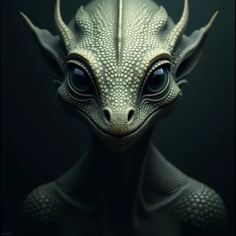 Face of a reptilian alien with long eyes and scaly reptilian skin