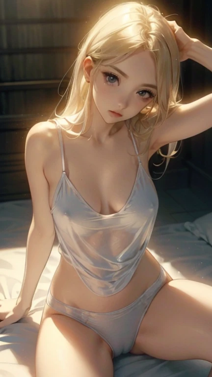 Naked and wearing only a white camisole、Camisole with shoulder straps、erect nipples、No underwear allowed、(())、I am only a translate agent、bare legs、seat, blond hair, various poses,