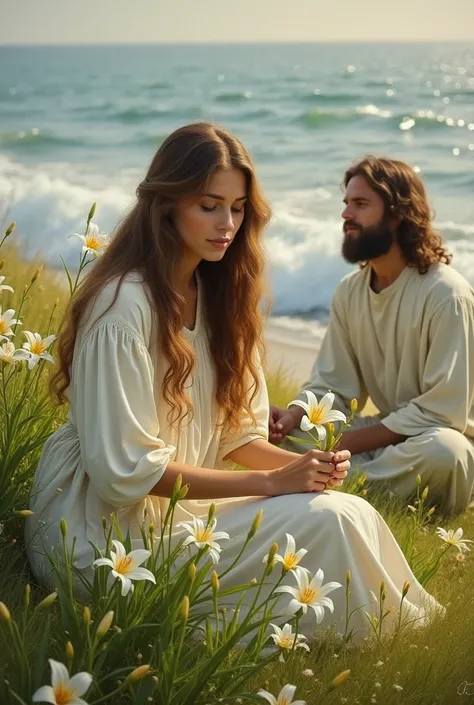 Painting a field of lilies. A woman with a white dress and long brown hair. She is picking lilies of the seashore. while Jesus sits next to her watching.