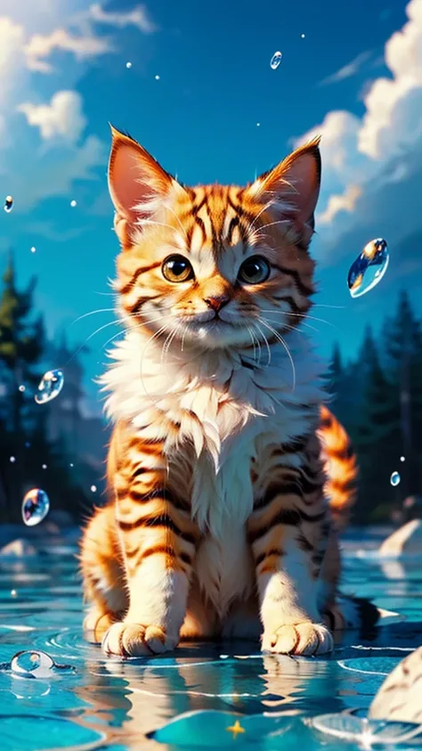 ((Highest quality、masterpiece、Highest quality、High resolution、8k、detailed、ultra-detailed:1.3)),yellow-tailed cat,kitten made of glass, blurred background is a landscape, sun, detailed glow, grin, cute、Cat,kitty cat、brown