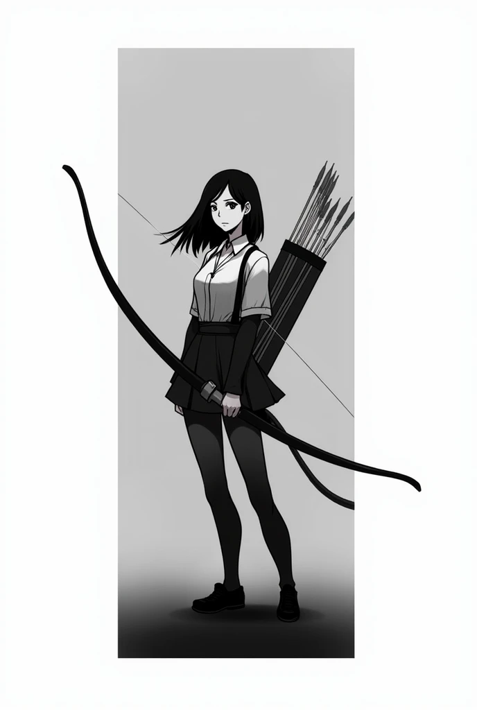 A woman with her quiver, the diagonal quiver and the straight quiver all in a rectangular image and in black and white

