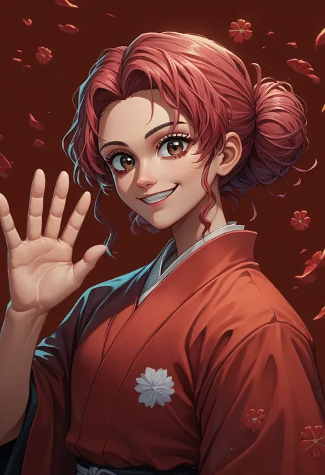 masterpiece, Best Quality, Alone, 1 chico, vermilion hair, dark eyes, red kimono, portraits of a, Bloods, smile, Upper part of the body, Demon slayer waving 