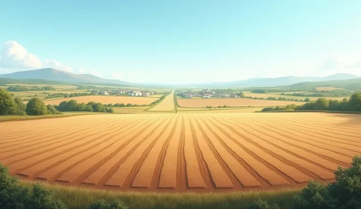 Create a background scene featuring an open agricultural field. The field is vast and stretches into the horizon, with dry soil or lightly tilled earth visible, suggesting recent plowing. The sky above is clear and bright, with minimal clouds. There are no...