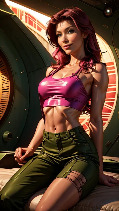 Jewel Staite as Kaylee from Firefly, body paint, undone olive green coveralls, short pink crop top, long brunette hair, perfect breasts, sexy pose, smile, spaceship engine