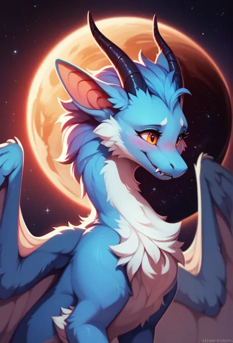 furry art, feral, furred dragon, female, portrait, white and blue fur, thicc, wings, horns, tail, chest fluff, paws, fangs,  ton...