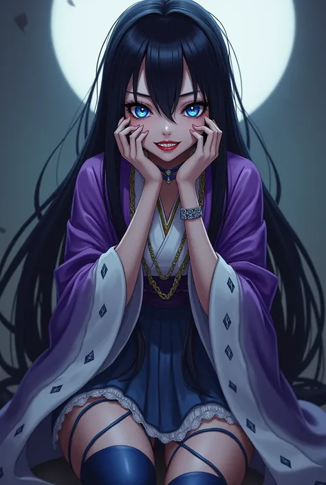 A girl with big eyes, bright and blue with dark irises and white highlights. The upper and lower eyelids are thick and black.
closed lip with a slight mocking expression. And when the mouth opens, shows an open mouth with sharp teeth.
Her hand has long nai...