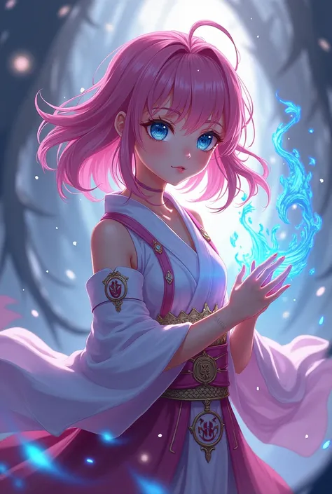 a girl with pink hair, blue eyes, she is a japanese magician, anime