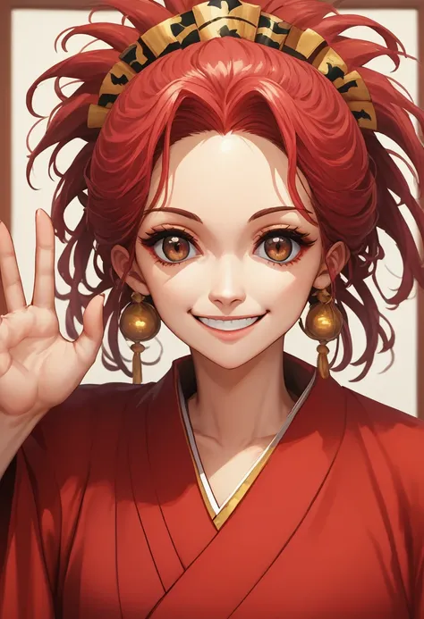 masterpiece, Best Quality, Alone, 1 chico, vermilion hair, dark eyes, red kimono, portraits of a, Bloods, smile, Upper part of the body, Demon slayer waving