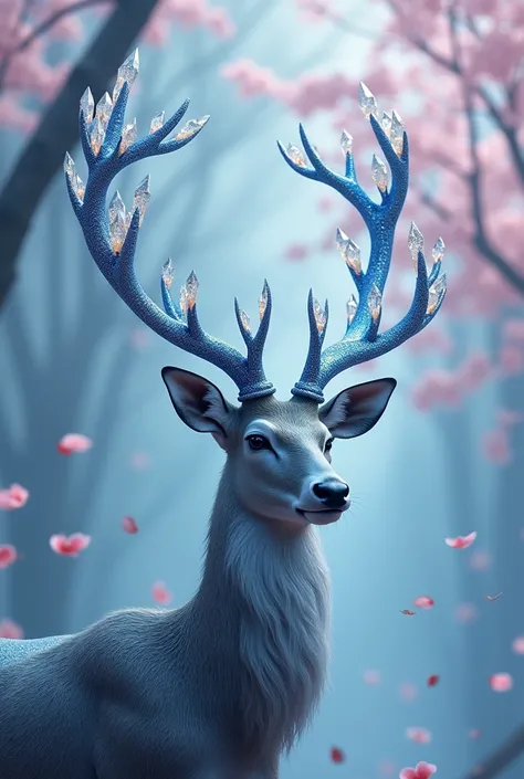 A crystal textured deer antlers with metal texture antlers and cherry blossoms on the background of blue ethereal