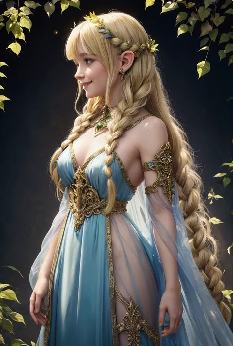 A young beautiful & attractive dryad girl, High Resolution, Long Hair, Looking at viewer, Blonde Hair, Multicolored Hair, Braided Bangs, long elvish ear,wearing a transparent clothing, with orb illumination background, wearing beautiful, smiling, showing t...