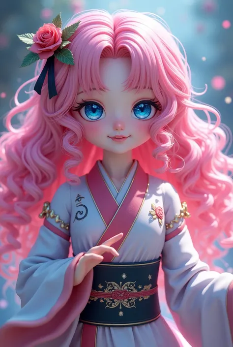 a girl with pink hair, long curly hair, blue eyes, she is a japanese magician, anime