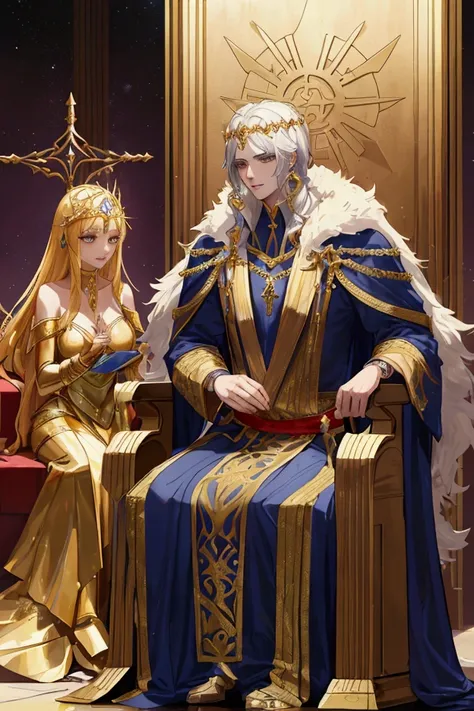 "A fantasy throne room with a handsome young man being crowned as the savior, while the princess, a warrior, and a sorceress exchange jealous glances, seductive but fierce expressions."
