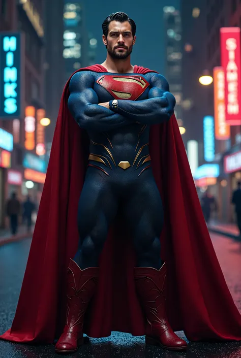 Henry Cavill, attractive, with short beard, muscled body, dressed in a Superman costume, red belt and red boots, A red cloak flows behind him. standing on the street of a night city, with arms crossed, expression of confidence, Full body image