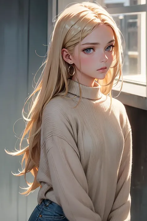 Best quality, masterpiece, ultra high res, (photorealistic:1.4), raw photo, 1girl, light blonde hair, long hair, grey eyes, expressionless, white cashmere sweater, shoulder holes, jeans, earrings