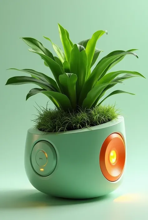 Create a futuristic green and orange pot that has a button and a speaker, give me that object in several perspectives