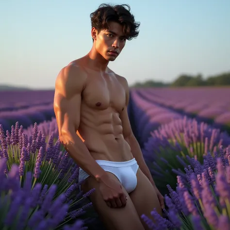 extremely realistic, masterpiece, best quality, RAW photo, fashion shot, stunning photo, ((mixed of Latino and Japanesse male model)), 2man, twin, male supermodel slim and slender, (Gorgeous face), at lavender Fields, wear only underwear, almost naked with...