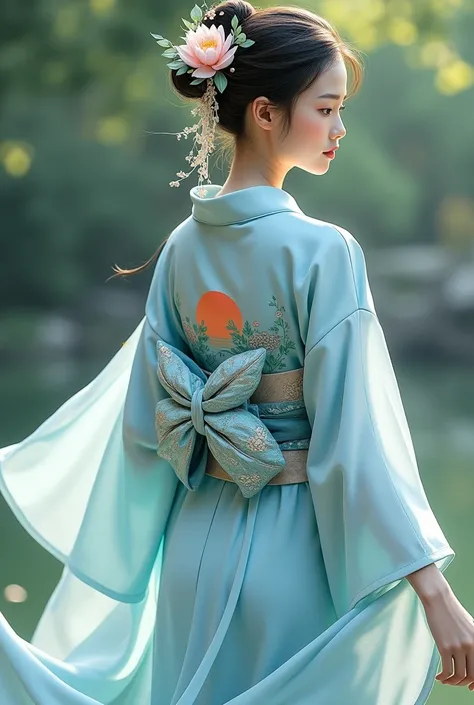 a light blue kimono, with an obi with details of a sunset and green leaves, and a kanzashi with a lotus flower hanging more different