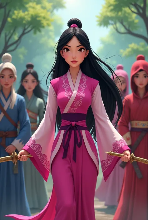 Princess Mulan, ninja, warrior, pink, ninja, cartoon, ninjas protecting 