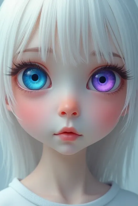 Image of a  human child ,between albino and blonde and that the iris of his eyes has half a blue color as clear as the sky and purple like a sapphire that is more realistic 