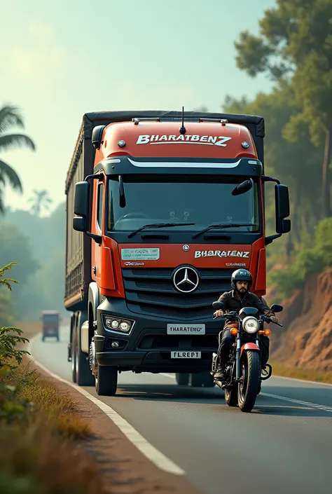 A indian  bharatbenz truck on road with a splendor bike

 