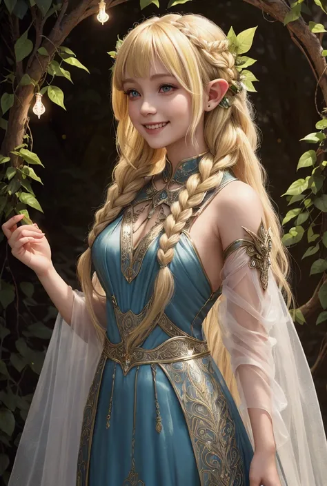 A young beautiful & attractive dryad girl, High Resolution, Long Hair, Looking at viewer, Blonde Hair, Multicolored Hair, Braided Bangs, long elvish ear,wearing a transparent clothing, with orb illumination background, wearing beautiful, smiling, showing t...