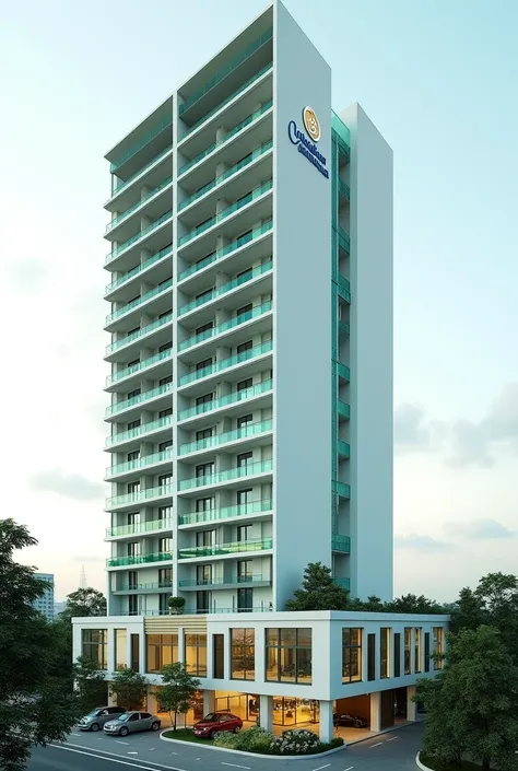 A 17-story white building with water green windows written on the building a condominium sign Jardim America Where is the name of the condominium? ?