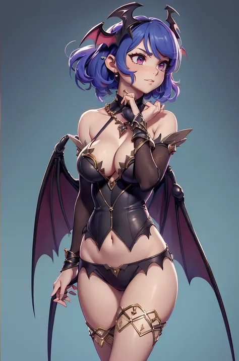 Mini Morrigan Aensland, (Morrigan Aensland), standing alone, ray tracing, 3D style, 3DMM, ((oses per photo)), fully body,(from front view),(Costas Issue), (Emist on the left), show flat belly, (((oses per photo))),(very big breastsperfect ass, perfect and ...