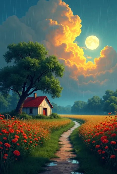 Create a landscape of a serene countryside scene during a summer night gentle rain. A cozy cottage with a red roof is nestled near a large, lush green tree the sky is filled with dramatic billowing clouds in vibrant shades of orange and yellow illuminated ...