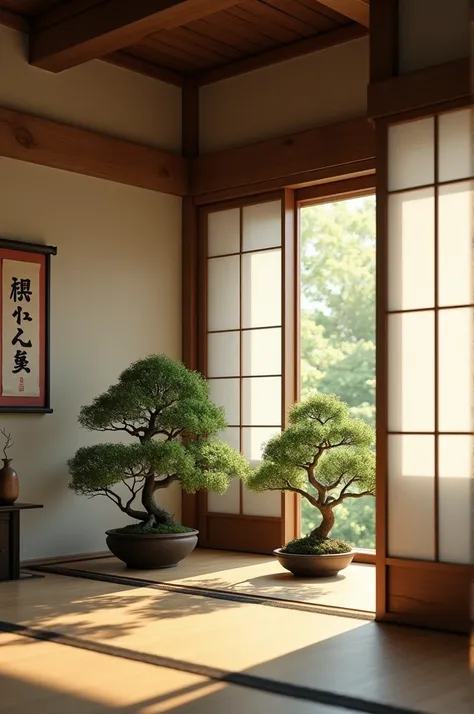 Background of inside a house in Japan with bonsai trees