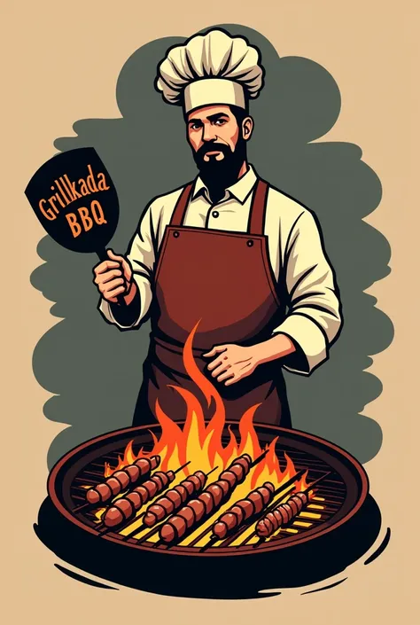 Make a business logo the name of it is Grillkada BBQ and it has a afron that hold a fan and make a grill in front and add a BBQ with sticks in the griller