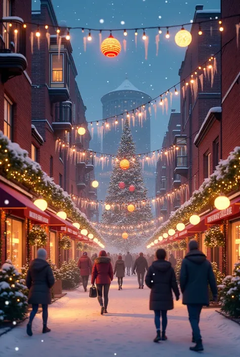 Street decorated with Christmas lights and Christmas decorations and people walking in winter 