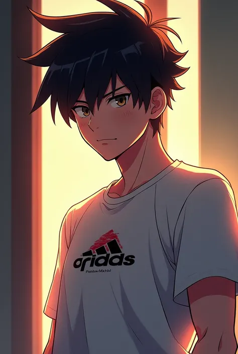 anime guy side view wearing a t shirt with lighting coming in from the front
