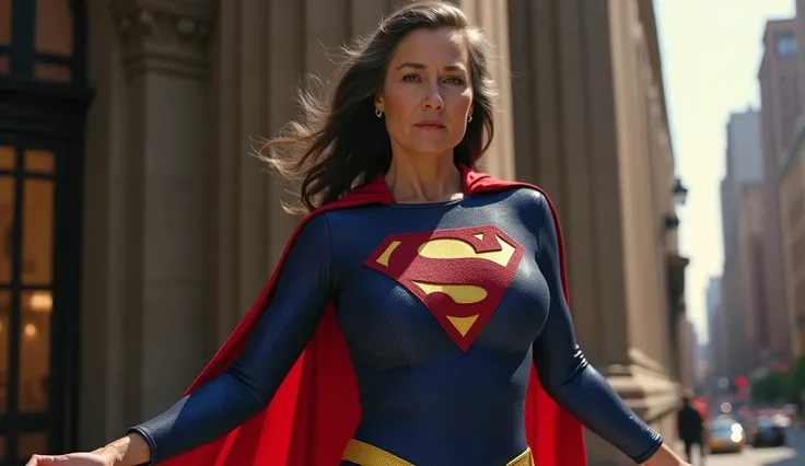 outside of a building in Manhattan(((inside out image))); (((very sexy beautiful and strong old Supergirl (((1984s costume))) Julie Hagerty(((Dark hair))) Super old woman Julie Hagerty; confident, powerful, indestructible, attractive; big and firm chest; s...