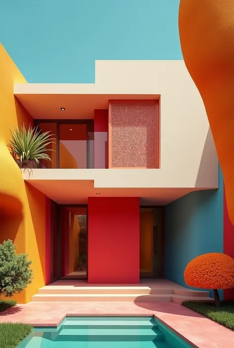 Create an architectural image of a house with the characteristics of the works of architect Luis Barragán inside and out and create the place with more abstract figures that seem complete and that the figures and style are not so common.,  , Front view 