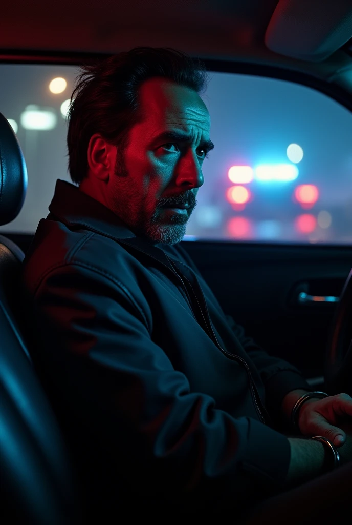 Nicolas Cage sits in the back of a patrol car, his wrists bound by cold steel handcuffs. The flashing red and blue lights outside cast eerie shadows through the barred windows, reflecting off his hollow eyes. His breath is shaky, fogging the glass as he st...