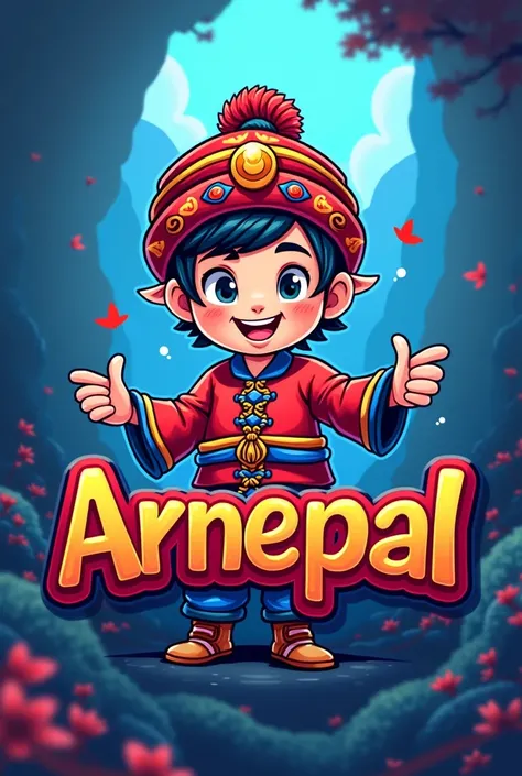 Logo of ARNEPAL
1.background blue and red mix
2.gorkha cartoon caractor
3.ARNEPAL font with red edge and blue center