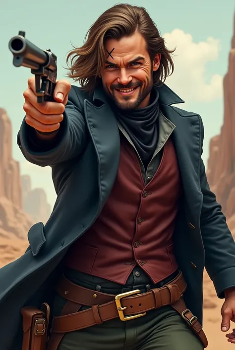 young western man Fighting with gun ramdom pose,action,((grin)), long brown hair, short beard, navy blue coat with high collar, dark green pants, caramel colored belt, burgundy vest, dark gray shirt, black bandana at the neck, dark brown bandolier, scar sh...